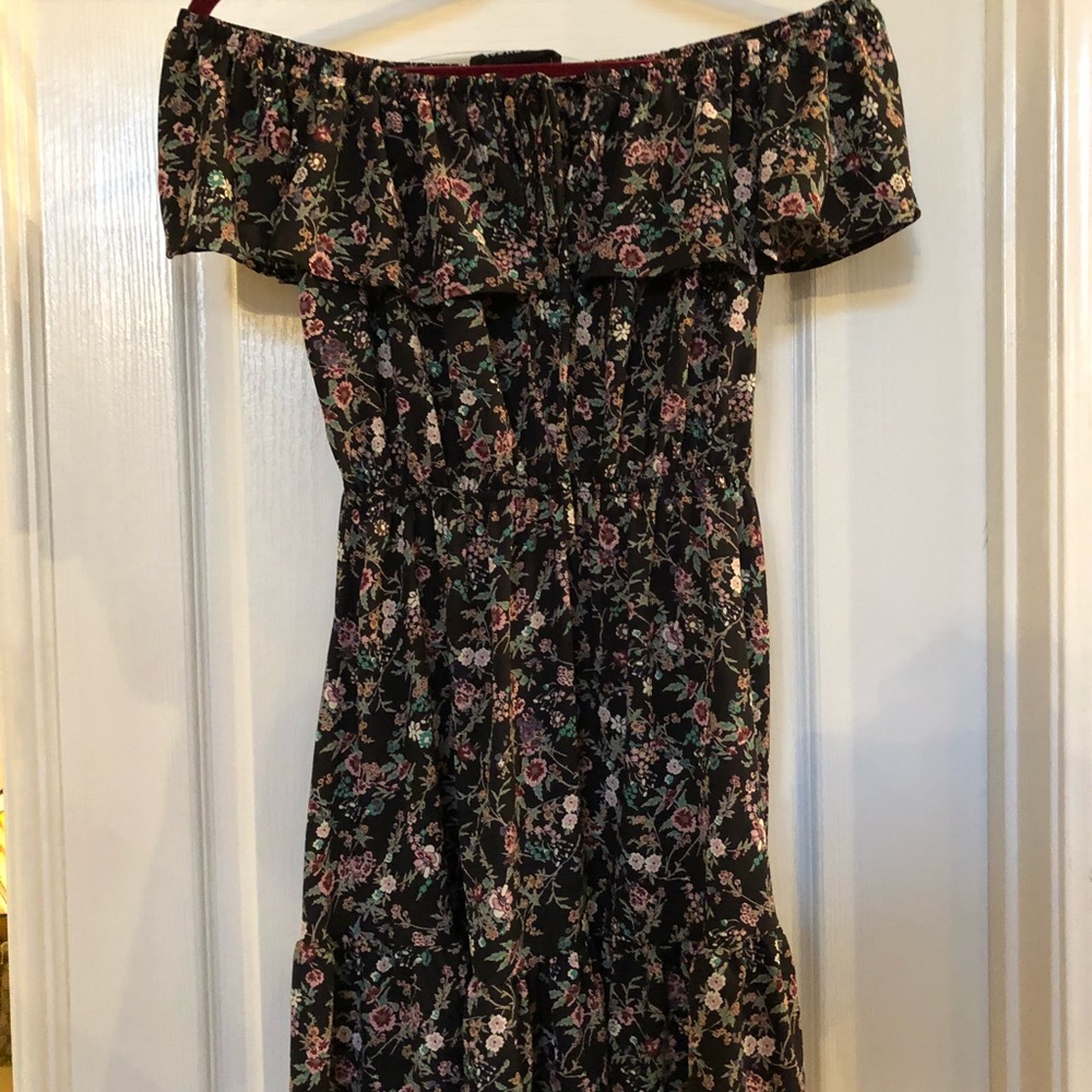 Off-the-Shoulder Black Dress with Flowers